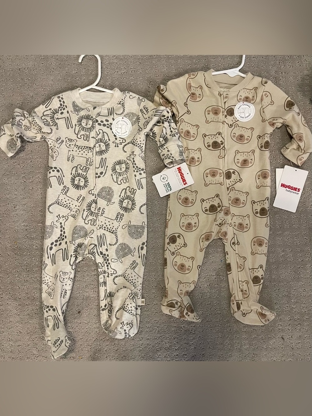 Huggies NWT 6m Beige & Cream Animal Print Baby One-Piece sleeper bundle (2-Pack)